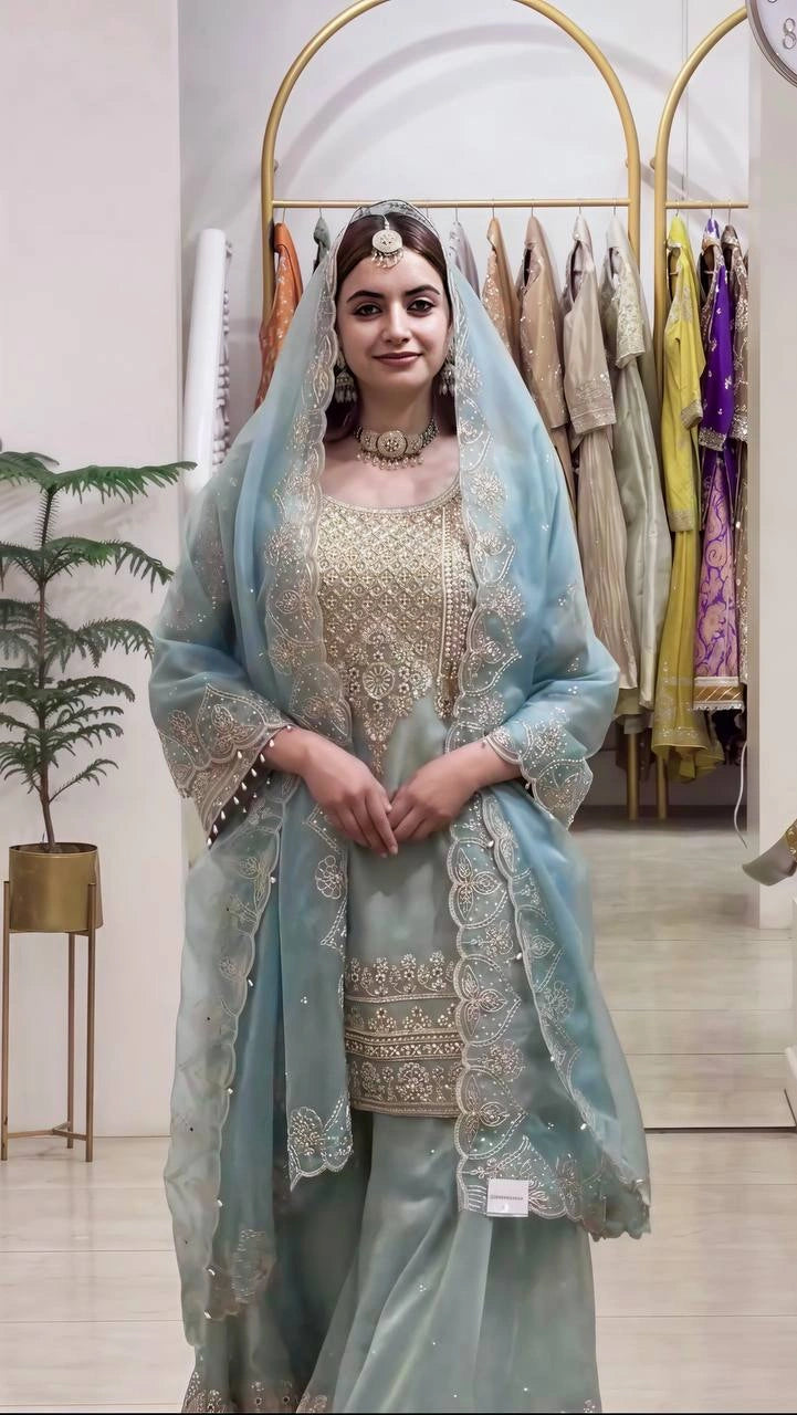 Sage Green Sequins Sharara Suit model portrait shot 5 – Kalyanja KU305